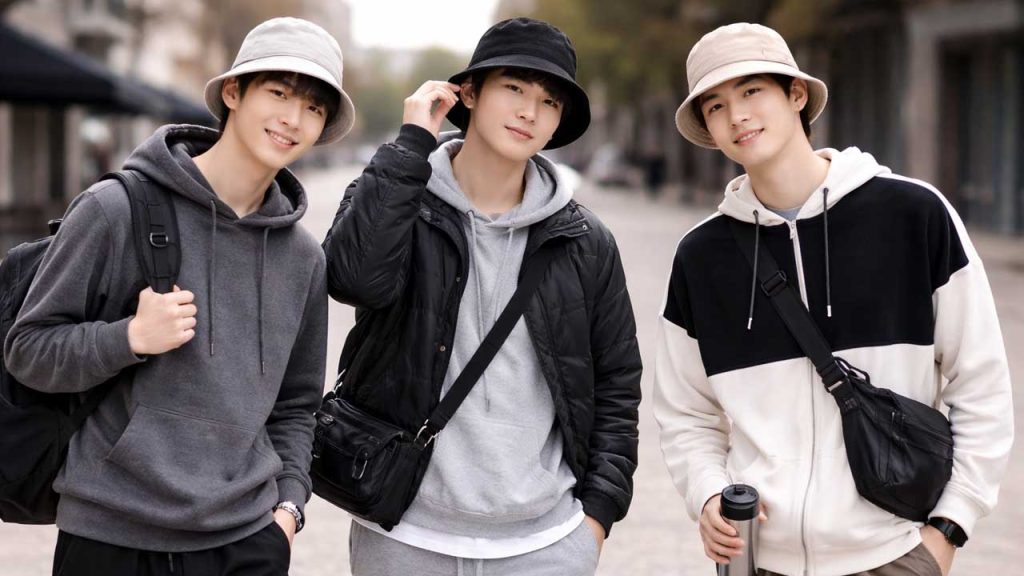 Nón bucket + hoodie + quần jogger