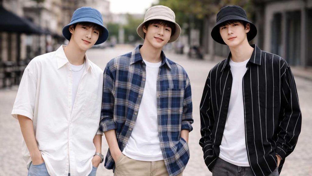 Nón bucket + áo sơ mi form rộng