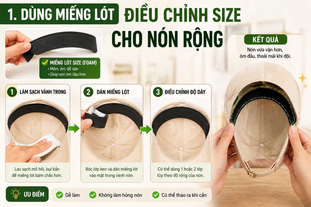 Cách xử lý nón bị rộng bằng miếng lót size giúp nón ôm đầu hơn