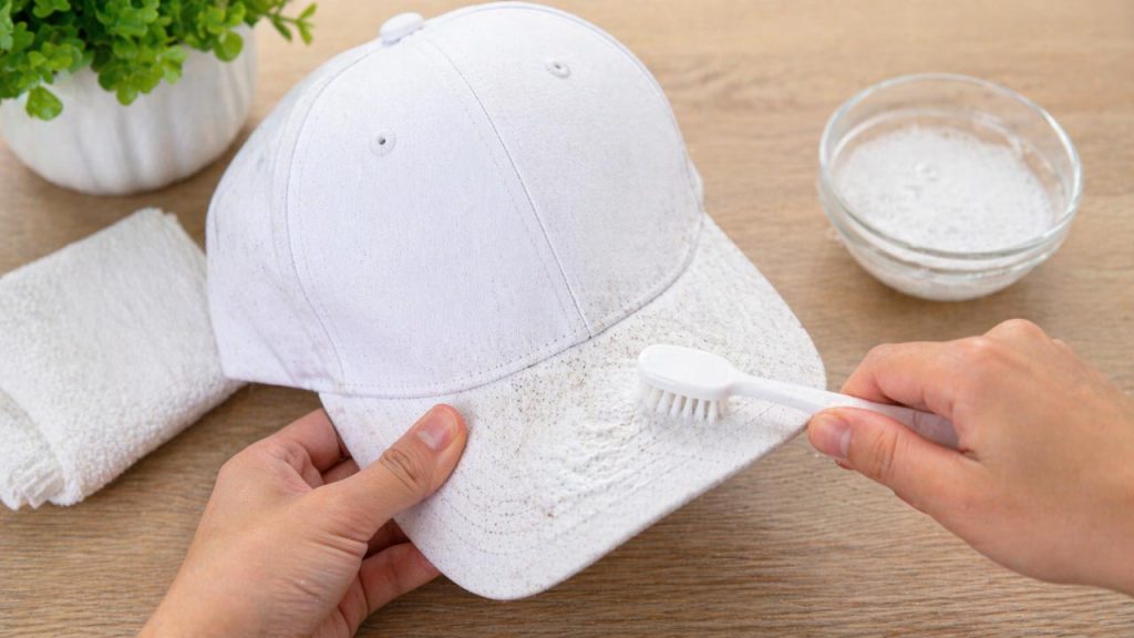 Dùng bàn chải mềm chà sạch vết bẩn trên nón trắng