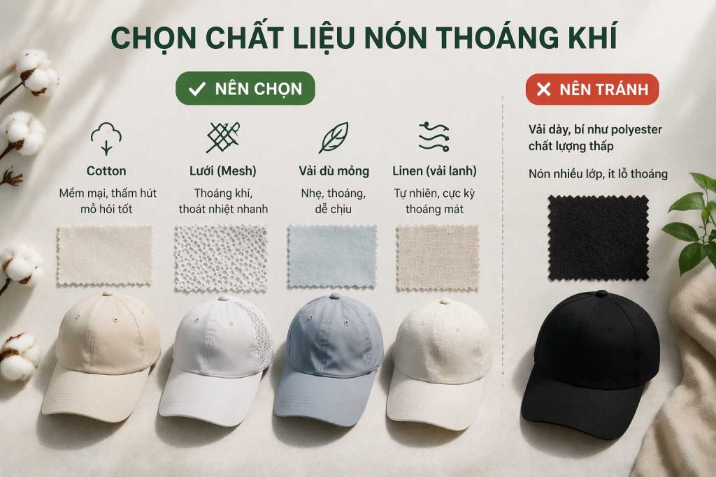 Chọn chất liệu nón thoáng khí giúp đội nón không bị nóng đầu