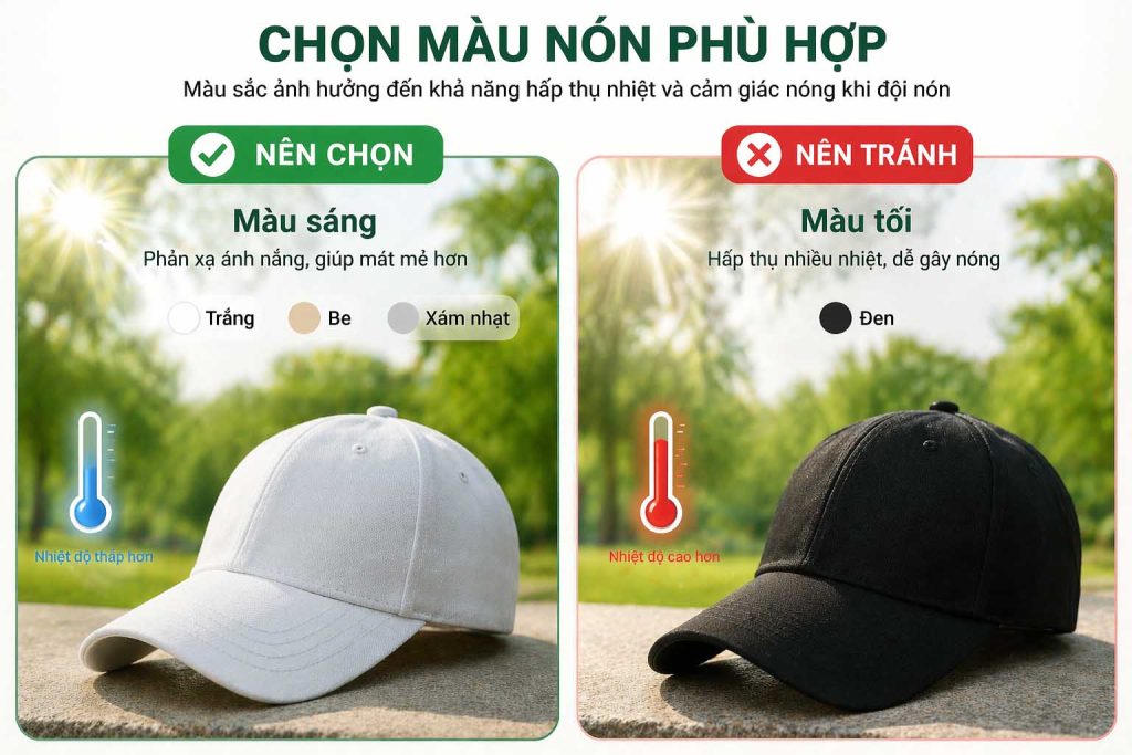 Chọn màu nón sáng giúp giảm nóng đầu so với nón màu tối khi đi ngoài trời