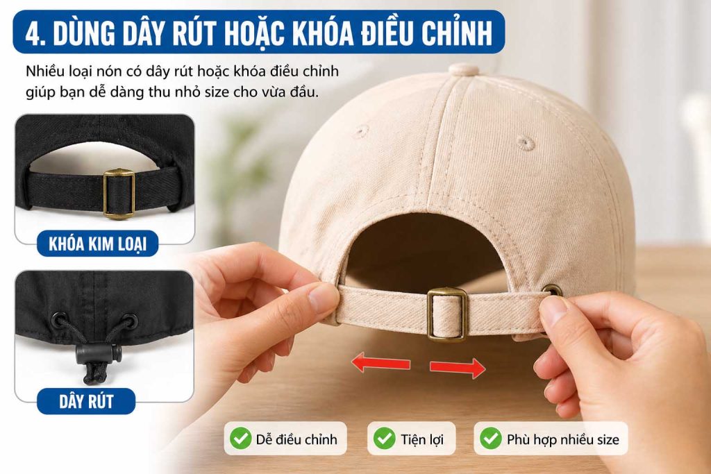 Cách chỉnh nón rộng bằng khóa hoặc dây rút phía sau