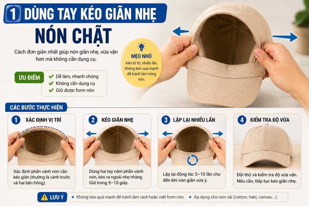 Cách kéo giãn nón bị chật bằng tay đơn giản