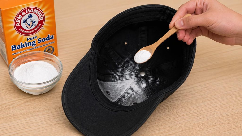 Rắc baking soda vào bên trong nón để khử mùi hôi hiệu quả