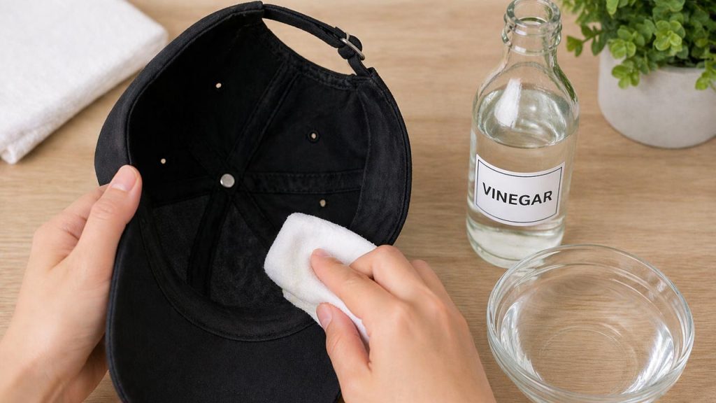Dùng khăn lau bên trong nón với dung dịch giấm để khử mùi