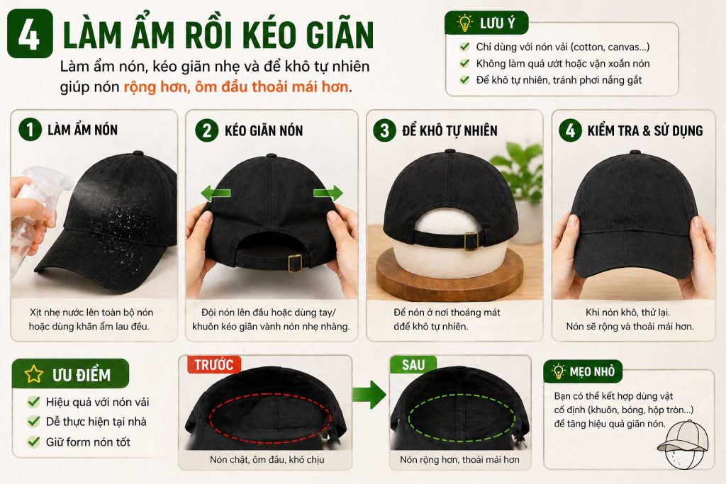 Cách làm ẩm và kéo giãn nón chật hiệu quả