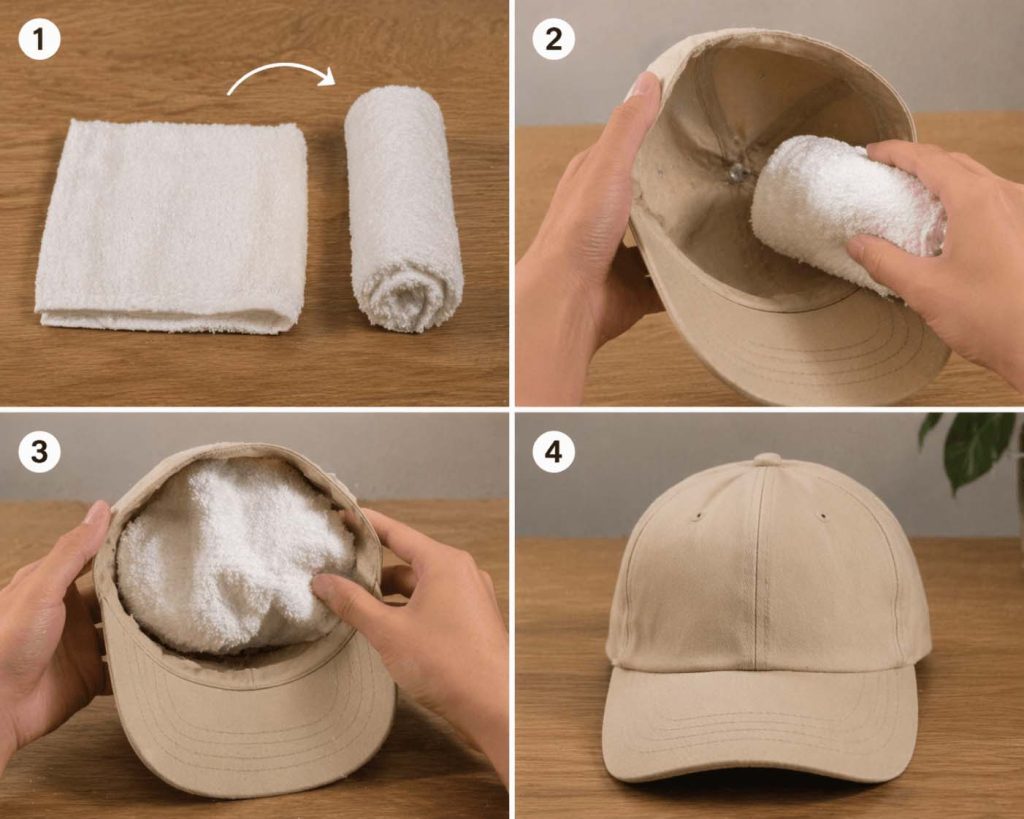 Nhồi khăn vào nón để giữ form và làm thẳng nón bị móp