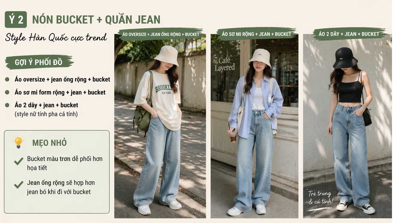Phối nón bucket với quần jean style Hàn Quốc
