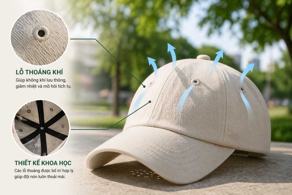 Nón có lỗ thoáng khí giúp giảm nóng đầu khi đội ngoài trời