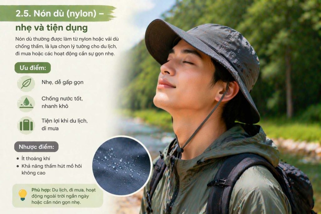 Nón dù nylon nhẹ chống nước dễ gấp gọn tiện mang đi du lịch