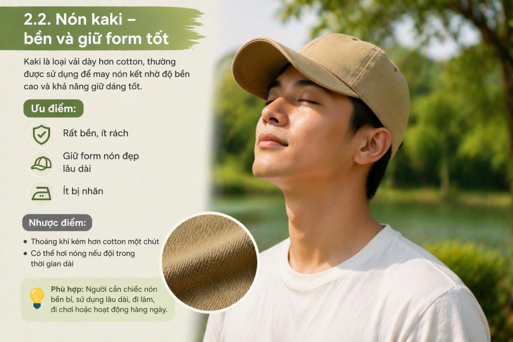 Nón kaki bền chắc giữ form tốt phù hợp sử dụng hàng ngày