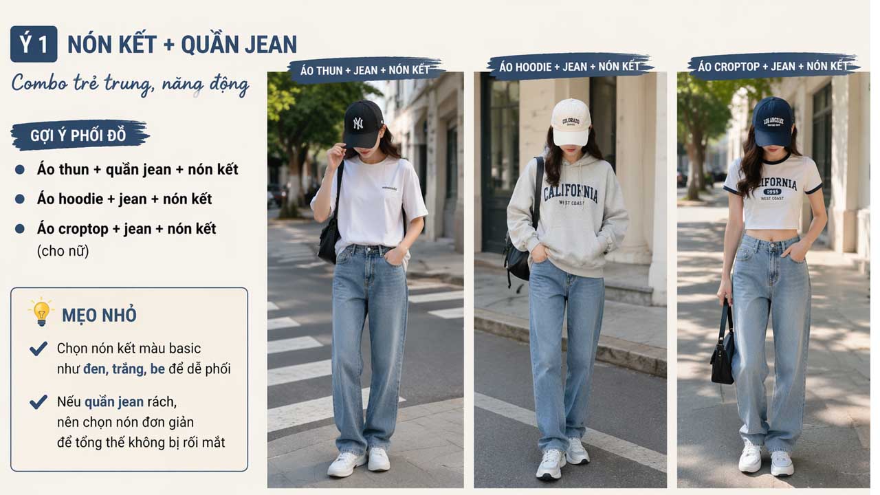 Phối nón kết với quần jean trẻ trung năng động