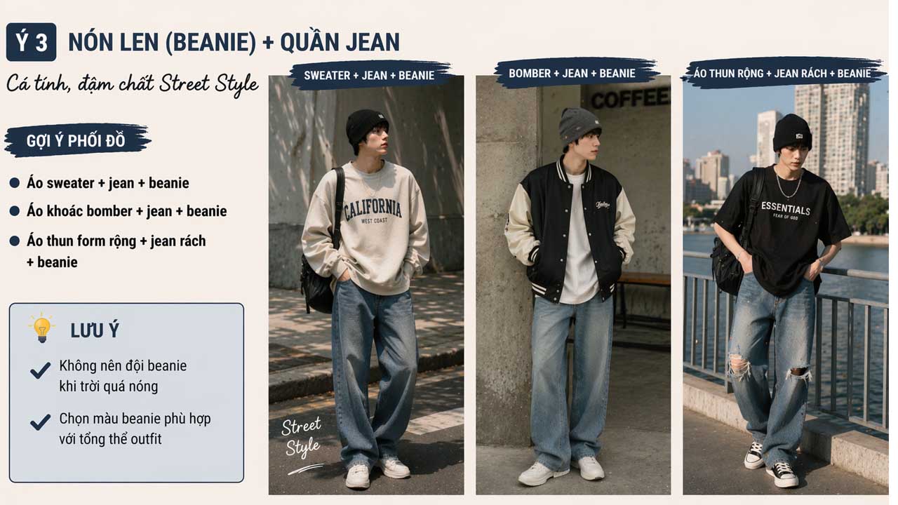Phối nón len beanie với quần jean street style