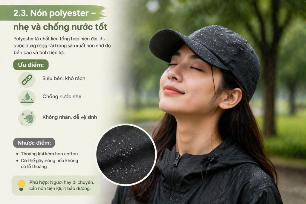 Nón polyester chống nước nhẹ bền đẹp dùng khi di chuyển ngoài trời