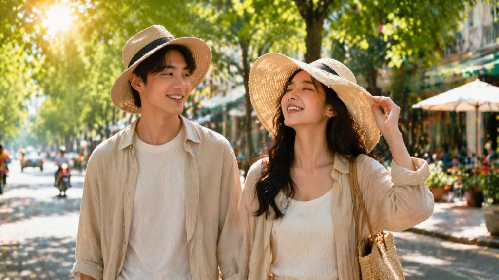 Hai bạn trẻ đội nón rộng vành đi biển, tận hưởng thời tiết nắng đẹp