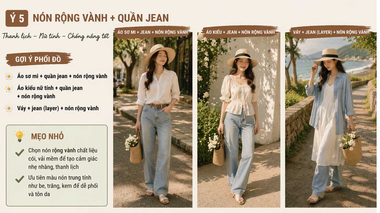 Phối nón rộng vành với quần jean thanh lịch nữ tính