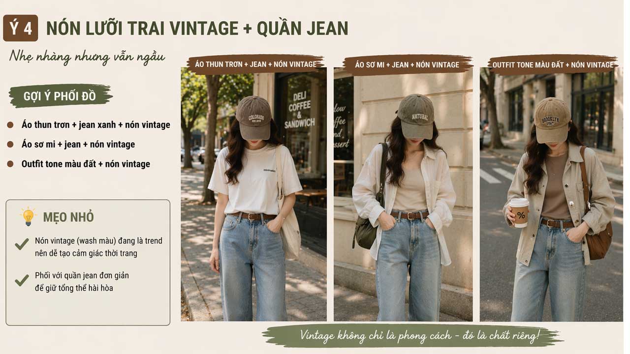 Phối nón vintage với quần jean đơn giản mà đẹp