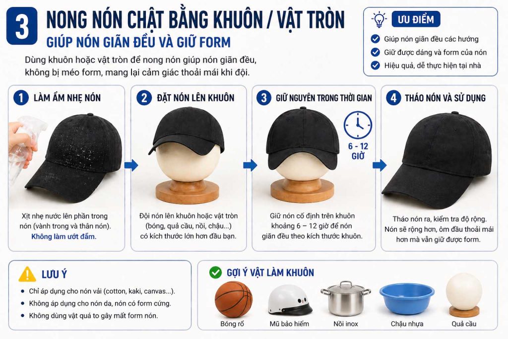 Cách làm rộng nón chật bằng khuôn hoặc vật tròn