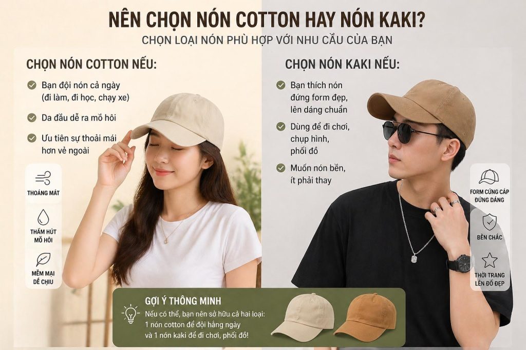 So sánh nón cotton và nón kaki về độ thoải mái và form dáng