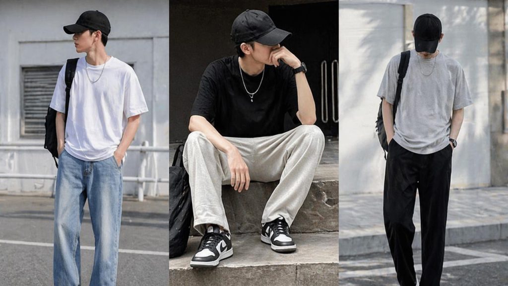 Outfit basic với nón đen áo thun quần jean đơn giản