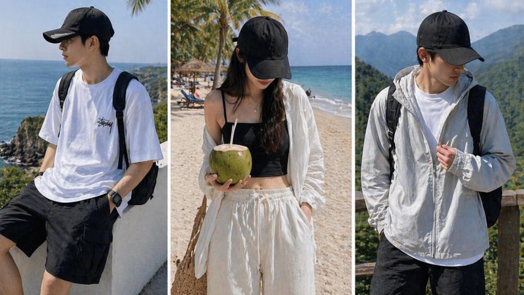 Outfit đi du lịch với nón đen đơn giản năng động