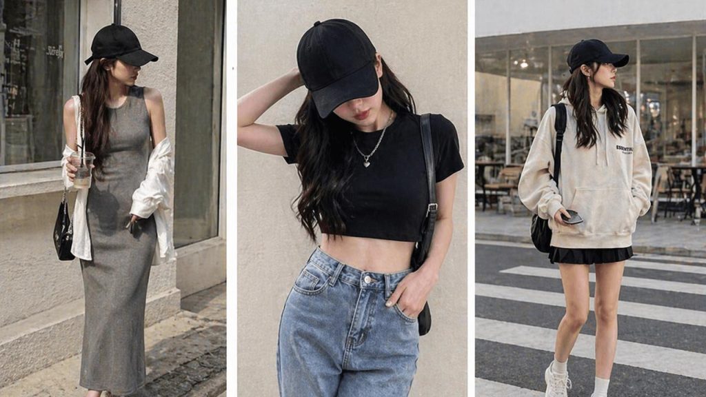 Nữ phối đồ với nón đen váy và croptop phong cách Hàn Quốc