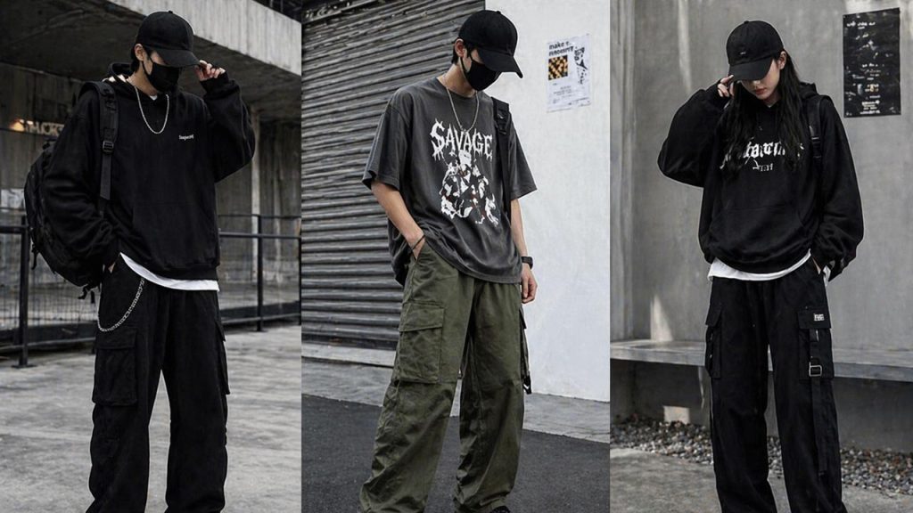 Phối đồ streetwear với nón đen hoodie quần cargo cá tính