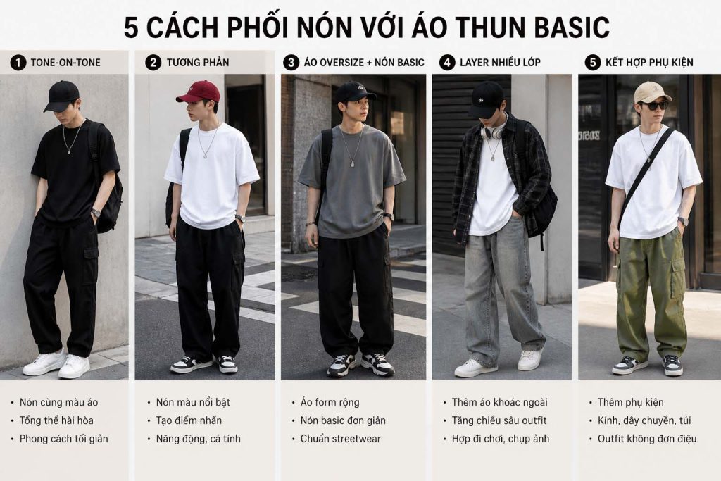 5 cách phối nón với áo thun basic theo phong cách streetwear đẹp đơn giản
