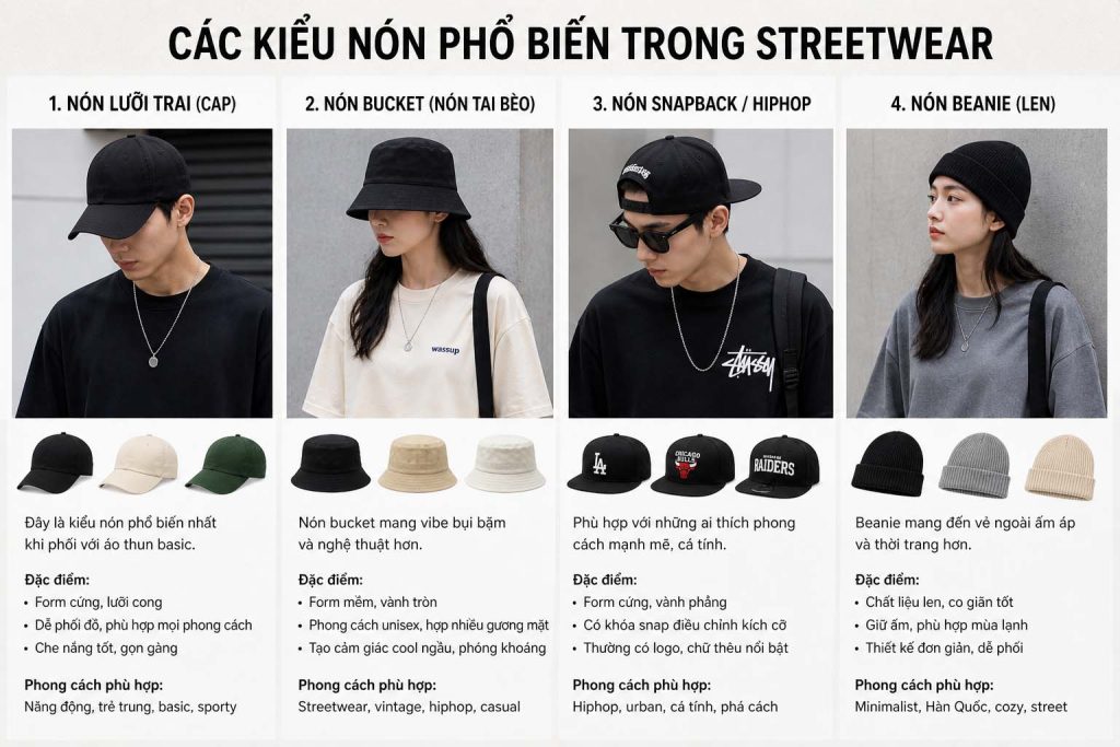 Các kiểu nón phổ biến trong streetwear như nón lưỡi trai bucket snapback beanie