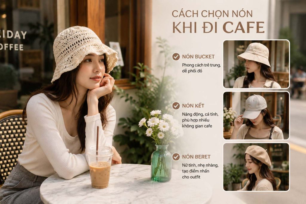 Cô gái đội nón bucket ngồi cafe phong cách thời trang trẻ trung