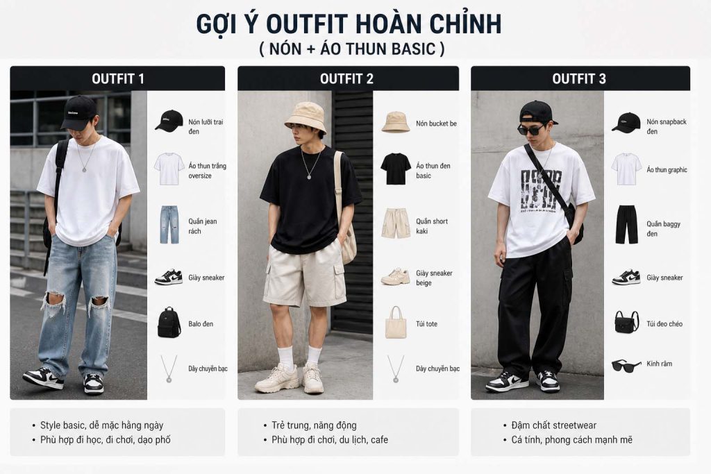 Gợi ý outfit hoàn chỉnh phối nón với áo thun basic phong cách streetwear