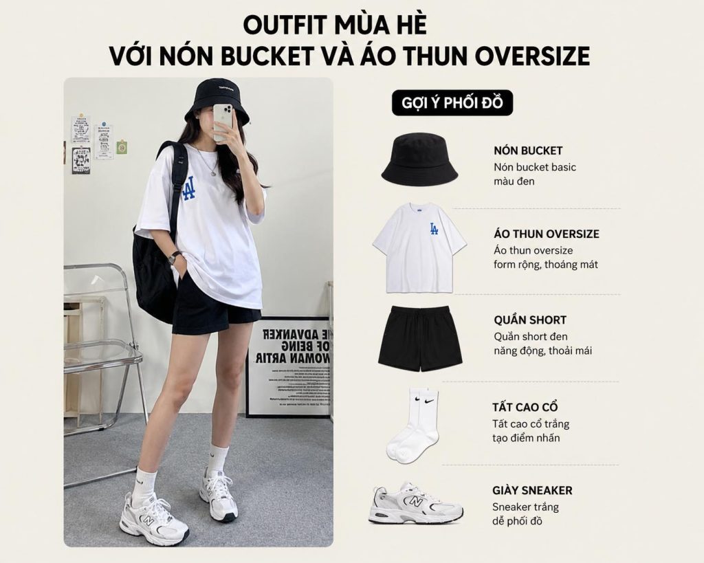 Outfit mùa hè với nón bucket đen phối áo thun oversize trẻ trung năng động