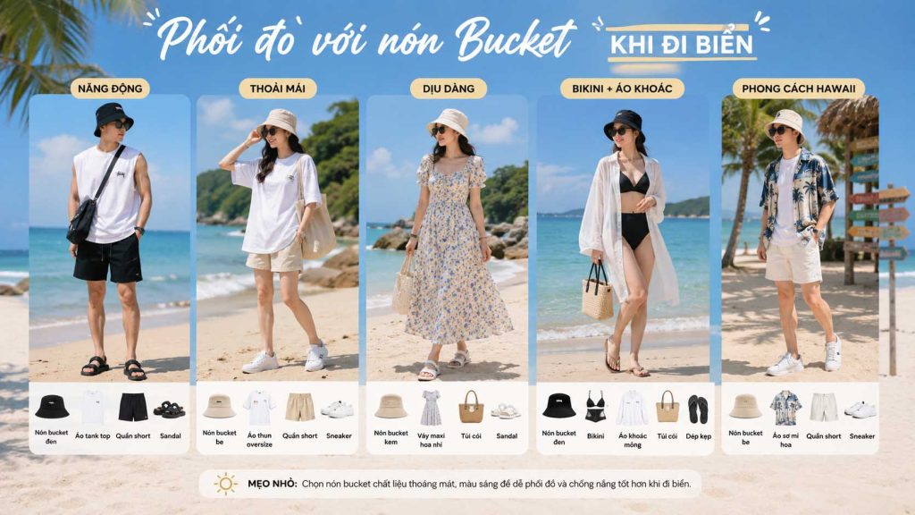 Các cách phối đồ với nón bucket khi đi biển phong cách mùa hè