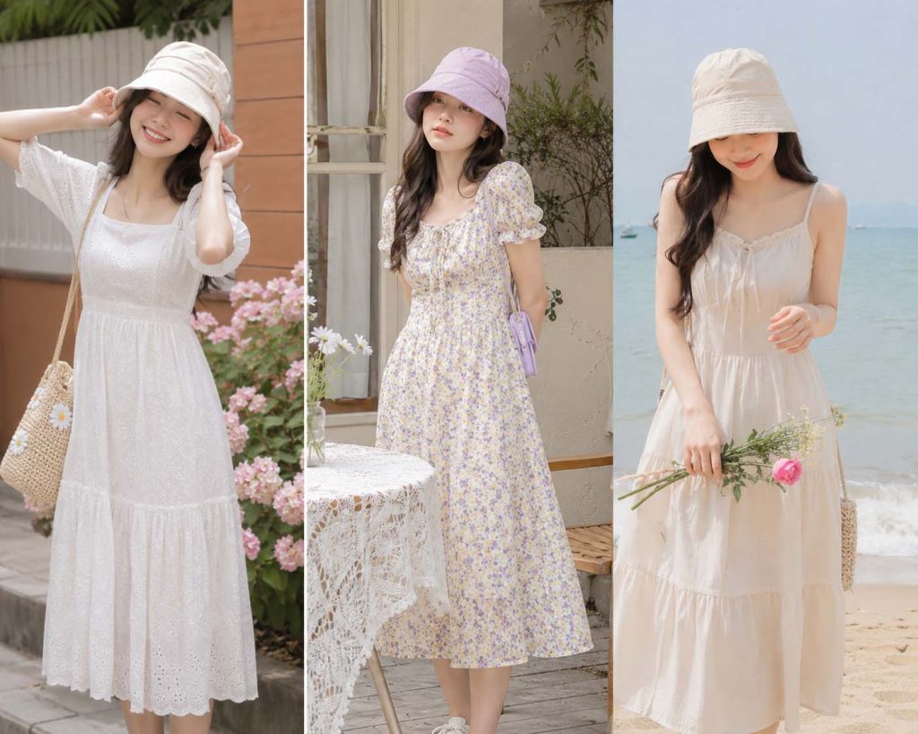 Cô gái phối nón bucket với váy mùa hè dịu dàng nữ tính ngoài trời