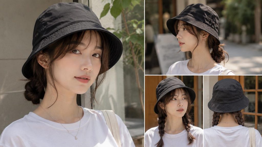 Nữ buộc tóc thấp đội nón bucket nhẹ nhàng và dễ thương