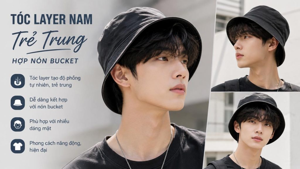 Nam tóc layer trẻ trung đội nón bucket đen phong cách Hàn Quốc