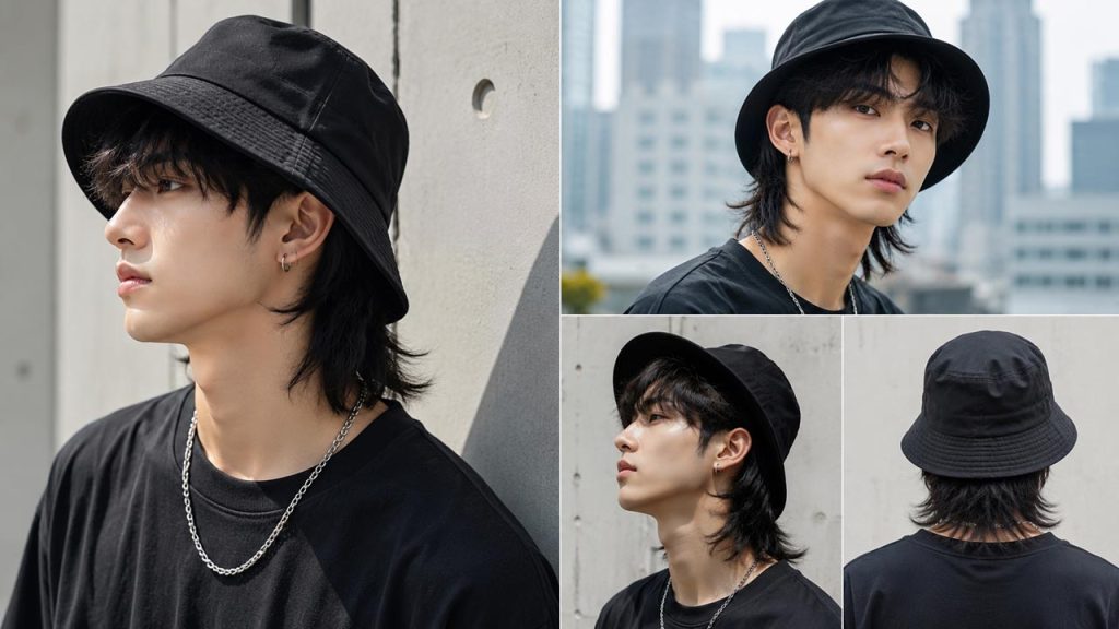 Nam tóc mullet cá tính phối nón bucket đen phong cách streetwear
