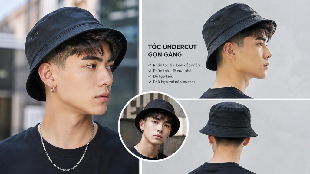 Nam tóc undercut gọn gàng phối cùng nón bucket cá tính