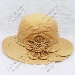 Nón bo vành rộng 7cm gắn hoa và lá, vải cotton cao cấp của AT – Kaki vàng