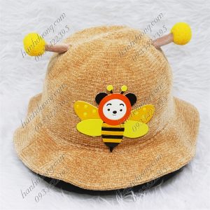 Nón bo vành rộng hàng quảng châu dán hình con ong vàng dành cho trẻ em từ 2-4 tuổi, vải nhung phía trong có 2 dây rút