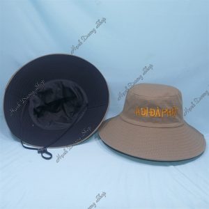 Nón Bucket Thêu Chữ A Di Đà Phật, Nón Tai Bèo Đi Chùa Vành Rộng 9cm Có Lớp Lót Phía Sau Nâu