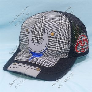 Nón Kết Lưới Cao Cấp Thêu Mặt Da Chữ V Ông Địa Ca Rô Đen & Xám